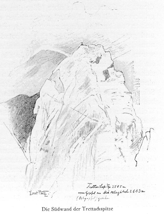 Südwand der Trettachspitze (Skizze von Ernst Platz S. 59 - Ein Bergsteigerleben) Südwand der Trettachspitze (Skizze von Ernst Platz S. 59 - Ein Bergsteigerleben)