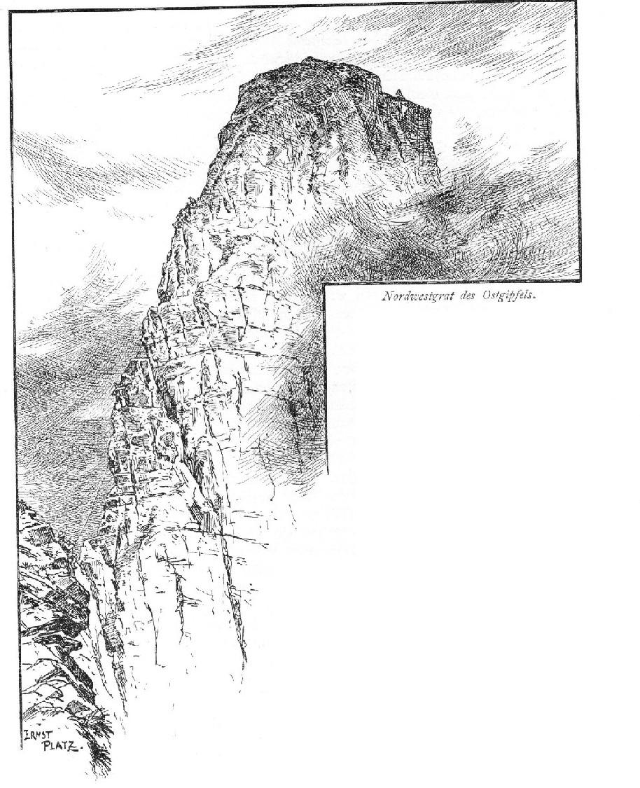Nordostgrat des Ostgipfels / Zeichnung von Ernst Platz im DÖAV-Jahrbuch v. 1896 Nordostgrat des Ostgipfels / Zeichnung von Ernst Platz im DÖAV-Jahrbuch v. 1896