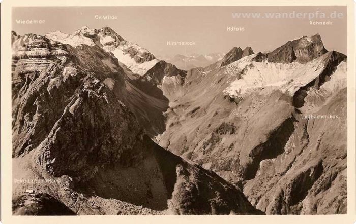 Blick über das Bärgündeletal auf den Großen Wilden, Himmelhorn und Schneck Blick über das Bärgündeletal auf den Großen Wilden, Himmelhorn und Schneck