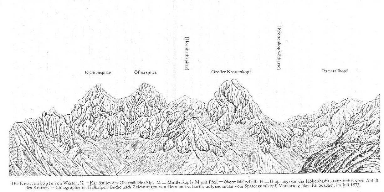 Die Krottenköpfe von Westen - Litographie im Kalkalpen-Buche nach Zeichnung von Hermann v. Barth Quelle: Gesammelte Schriften v. Bünsch/Rohrer Die Krottenköpfe von Westen - Litographie im Kalkalpen-Buche nach Zeichnung von Hermann v. Barth Quelle: Gesammelte Schriften v. Bünsch/Rohrer