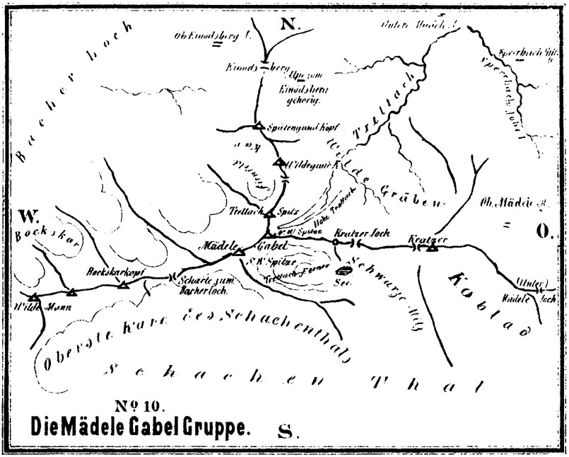von Hermann von Barth angefertigtes Horizontalprofil der Mädelegabel-Gruppe von Hermann von Barth angefertigtes Horizontalprofil der Mädelegabel-Gruppe