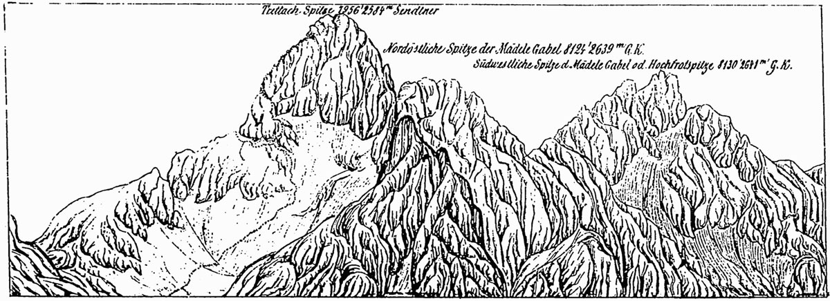litografisches Vertikalprofil der Trettachspitze nach Original-Skizzen von Hermann von Barth litografisches Vertikalprofil der Trettachspitze nach Original-Skizzen von Hermann von Barth