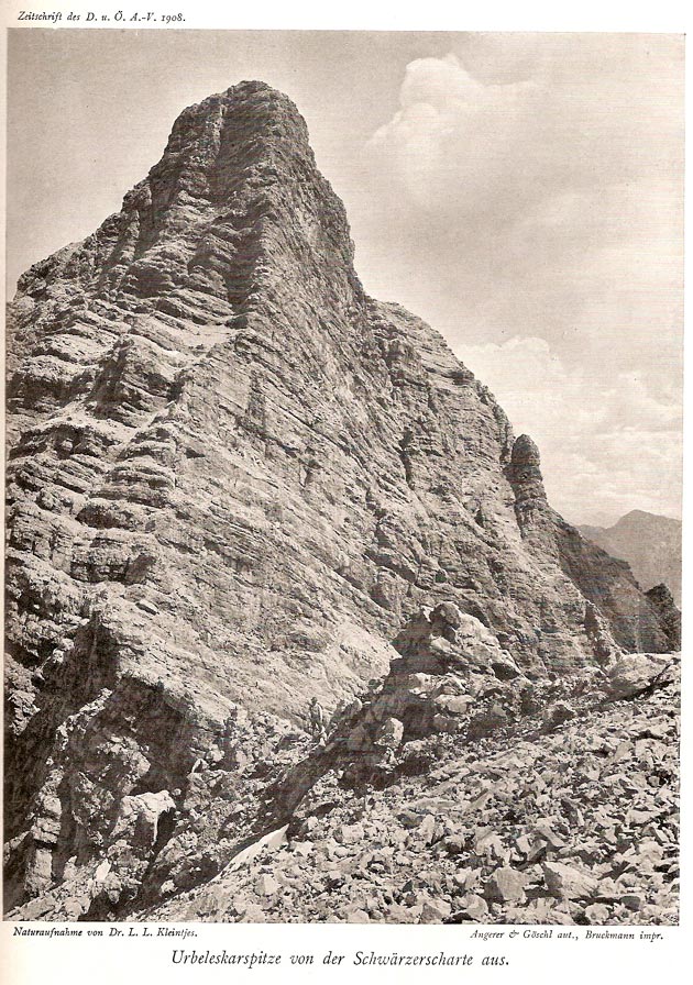Urbeleskarspitze von der Schwärzerscharte aus © Dr. L. L. Kleintjes 1908 (Zeitschrift des DÖAV) Urbeleskarspitze von der Schwärzerscharte aus © Dr. L. L. Kleintjes 1908 (Zeitschrift des DÖAV)