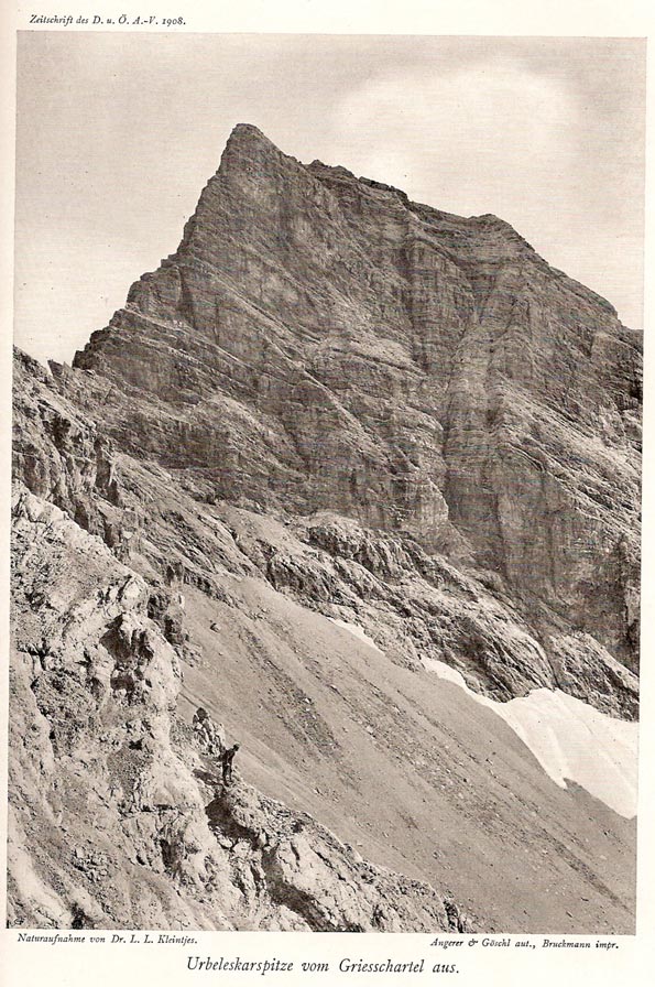 Urbeleskarspitze vom Griesschartel aus © Dr. L. L. Kleintjes 1908 (Zeitschrift des DÖAV) Urbeleskarspitze vom Griesschartel aus © Dr. L. L. Kleintjes 1908 (Zeitschrift des DÖAV)